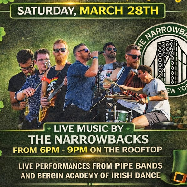 A band performing live music on a green background with text about a St. Patrick's Day event.