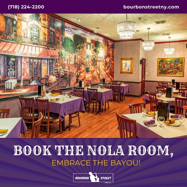 Bourbon Street restaurant dining room with purple tablecloths, wooden chairs, and a New Orleans street mural.