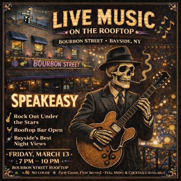 A vintage-style poster for Bourbon Street's rooftop live music, featuring a skeleton playing guitar.