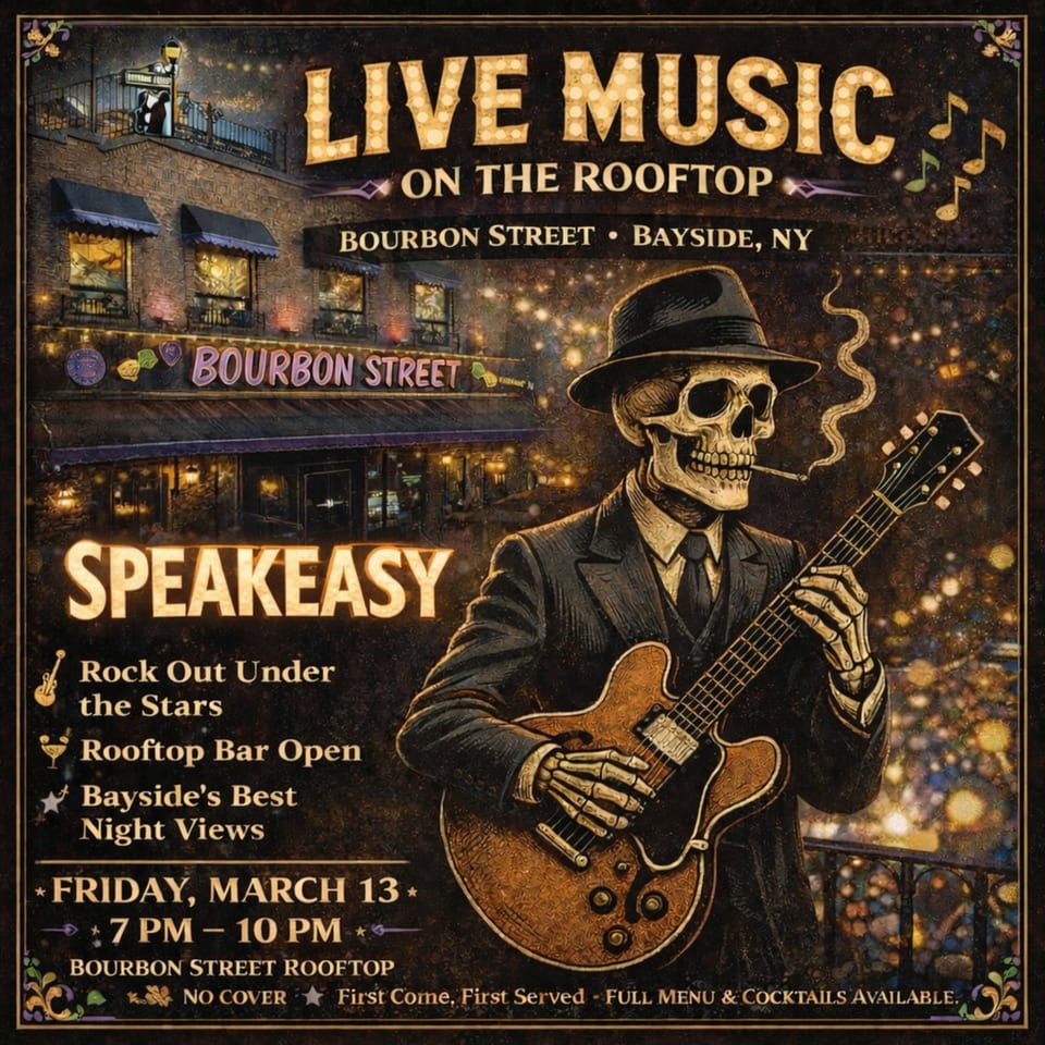 A vintage-style poster for Bourbon Street's rooftop live music, featuring a skeleton playing guitar.
