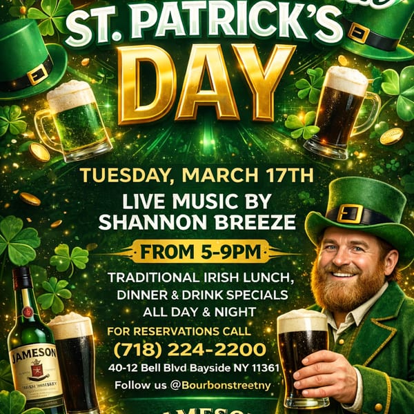 St. Patrick's Day flyer with leprechaun, green beer, shamrocks, and Jameson whiskey bottle.
