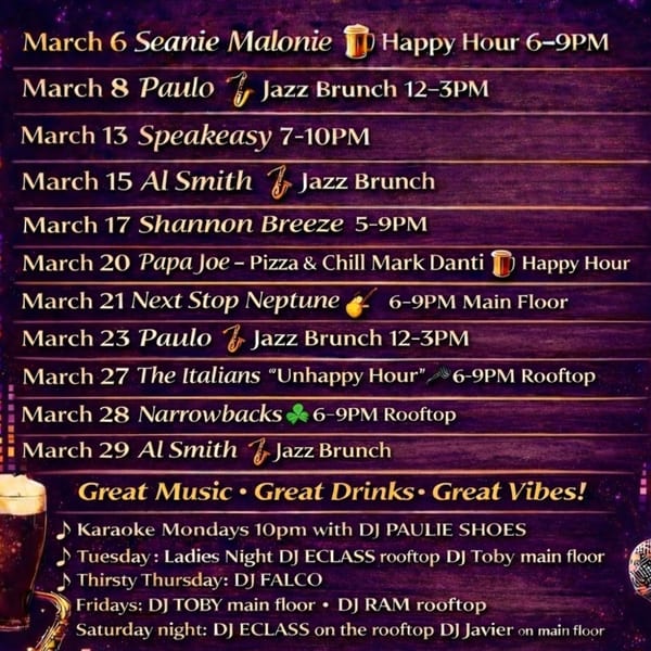 A purple and brown textured background displays a March calendar of Bourbon Street's events and live music.